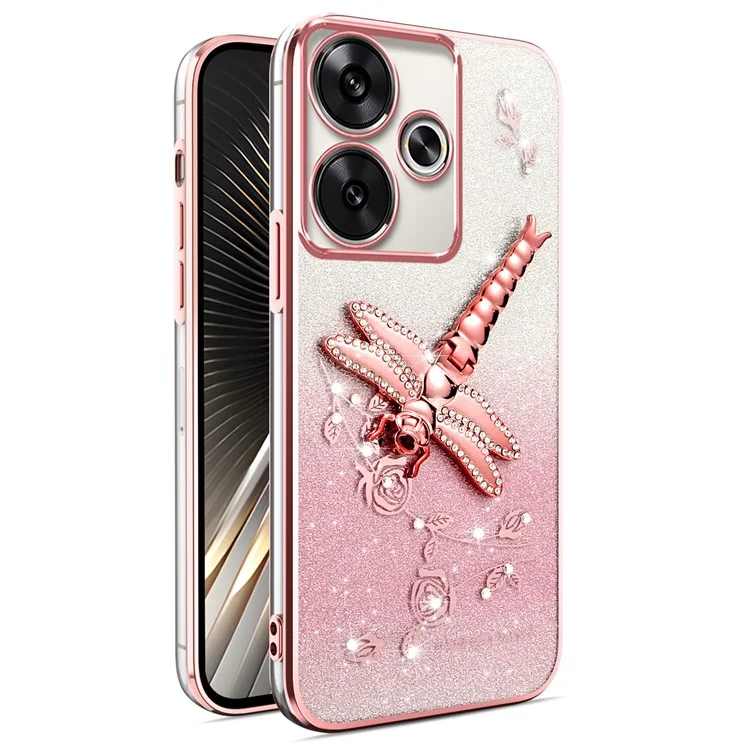 Coque KADEM pour Xiaomi Redmi 13 4G / 5G / Note 13R 5G / Poco M6 4G / M6 Plus 5G Dragonfly Kickstand TPU Fleurs Paillettes - Rose