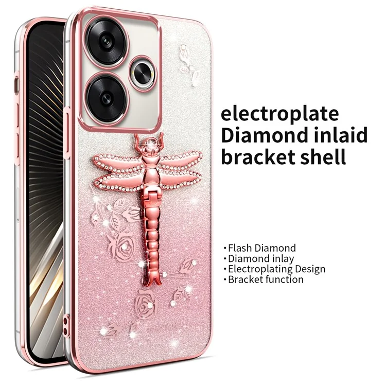 Coque KADEM pour Xiaomi Redmi 13 4G / 5G / Note 13R 5G / Poco M6 4G / M6 Plus 5G Dragonfly Kickstand TPU Fleurs Paillettes - Rose