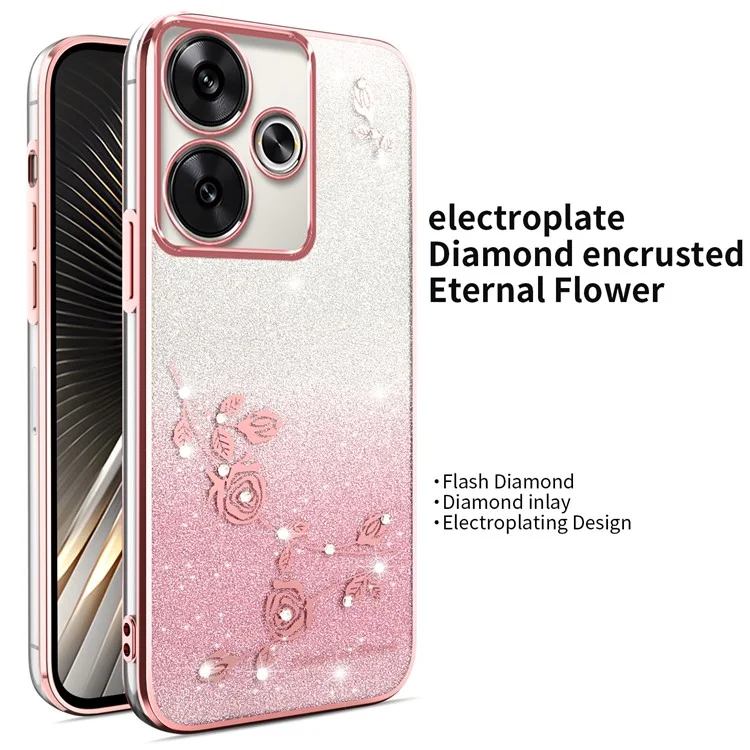 Coque KADEM pour Xiaomi Redmi 13 4G / 5G / Note 13R 5G / Poco M6 4G / M6 Plus 5G Dragonfly Kickstand TPU Fleurs Paillettes - Rose