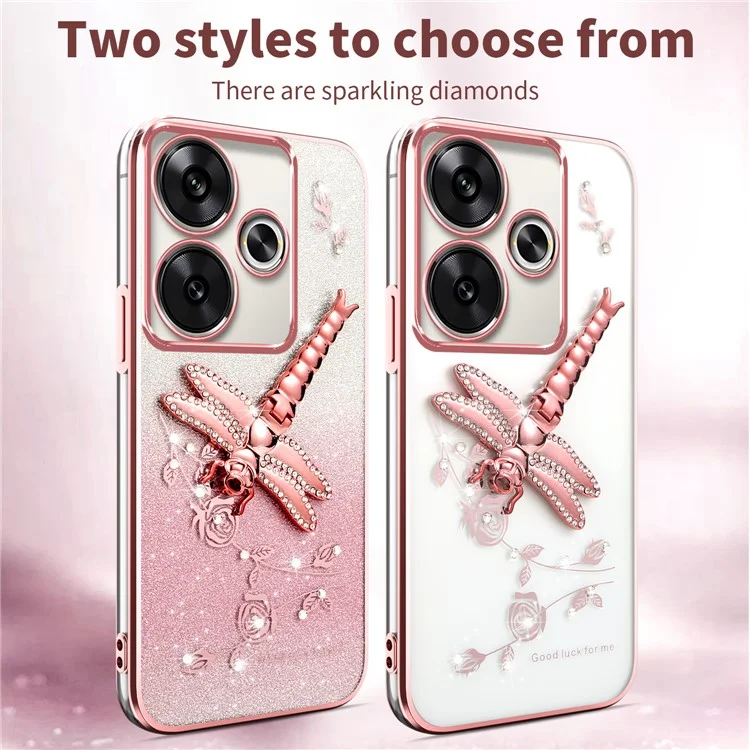 Coque KADEM pour Xiaomi Redmi 13 4G / 5G / Note 13R 5G / Poco M6 4G / M6 Plus 5G Dragonfly Kickstand TPU Fleurs Paillettes - Rose