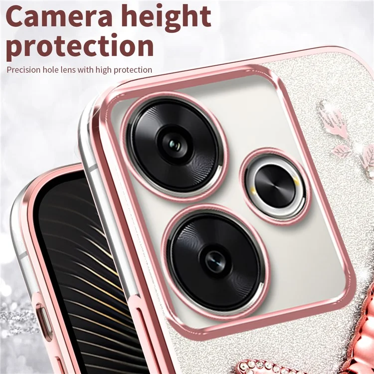 Coque KADEM pour Xiaomi Redmi 13 4G / 5G / Note 13R 5G / Poco M6 4G / M6 Plus 5G Dragonfly Kickstand TPU Fleurs Paillettes - Rose