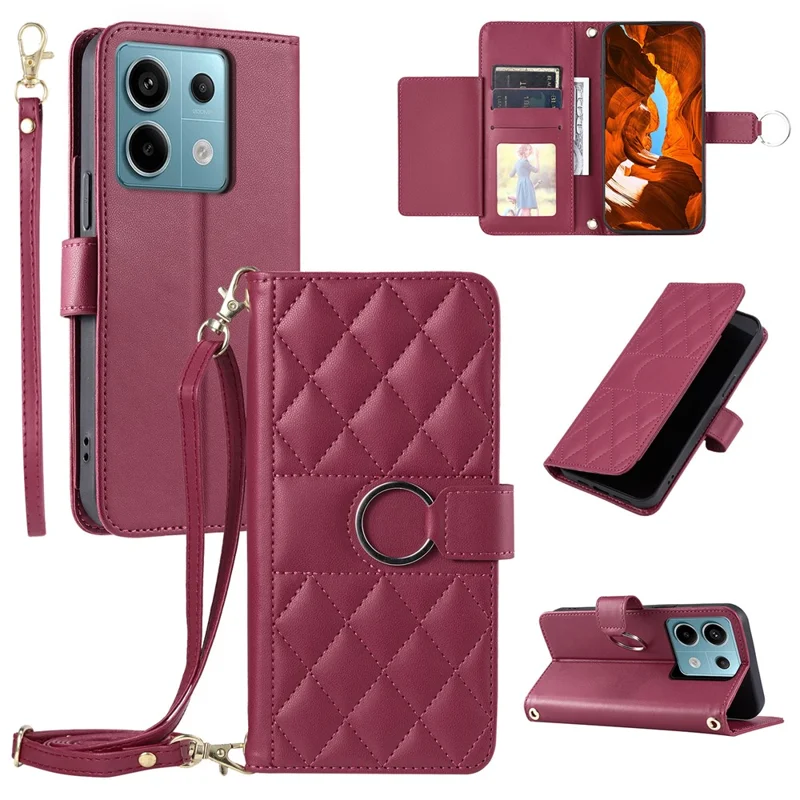 For Xiaomi Redmi Note 13 5G Crossbody Leather Case Ring Buckle Wallet Stand Rhombus Mobile Cover - Red