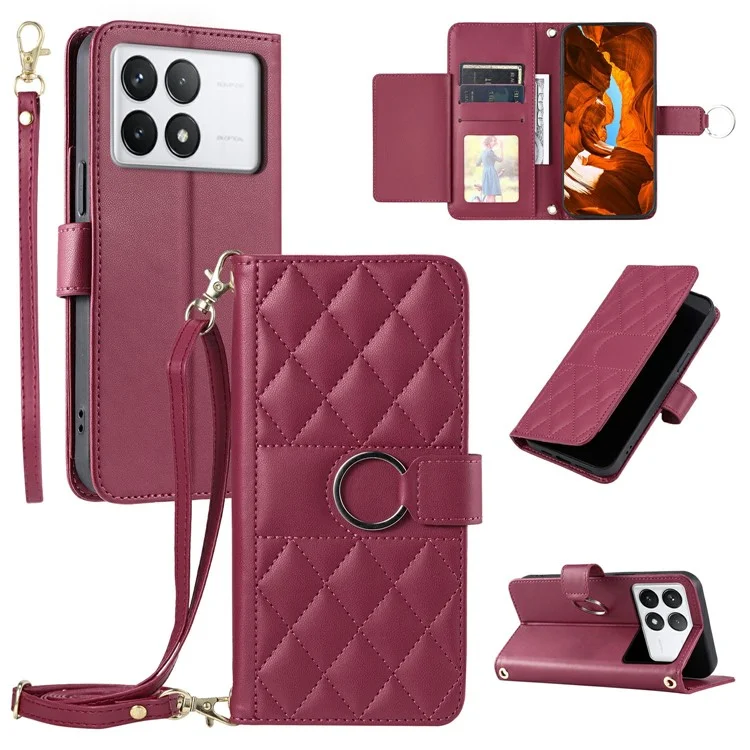 Funda de cuero para Xiaomi Poco X6 Pro 5G / Redmi K70E 5G con correa bandolera, soporte y cubierta móvil con diseño de rombo - Rojo