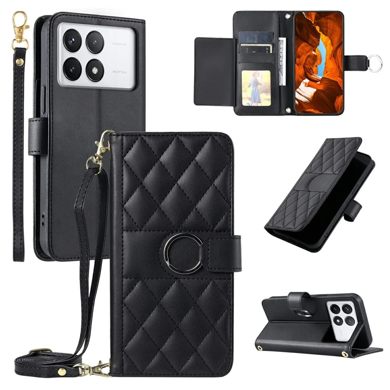 For Xiaomi Poco X6 Pro 5G / Redmi K70E 5G Crossbody Leather Case Wallet Stand Rhombus Mobile Cover - Black