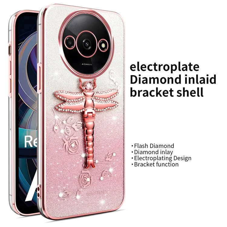 KADEM-Hülle für Xiaomi Redmi A3 4G / A3x 4G / Poco C61 4G Libelle-Ständer TPU Blumen Glitzer Handyhülle - Pink