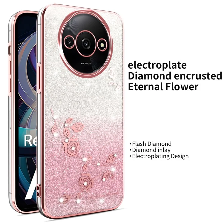 KADEM-Hülle für Xiaomi Redmi A3 4G / A3x 4G / Poco C61 4G Libelle-Ständer TPU Blumen Glitzer Handyhülle - Pink