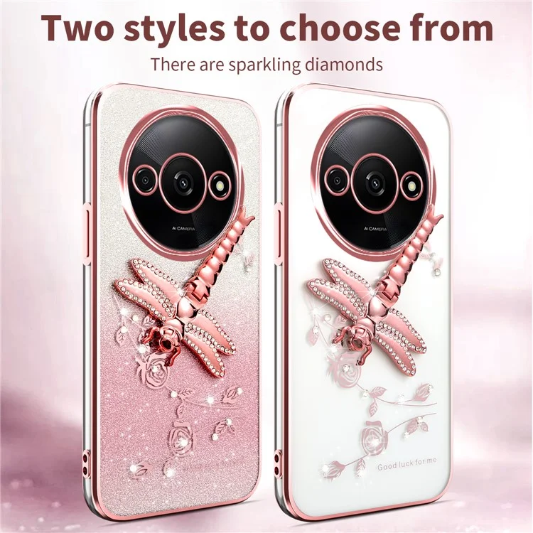 KADEM-Hülle für Xiaomi Redmi A3 4G / A3x 4G / Poco C61 4G Libelle-Ständer TPU Blumen Glitzer Handyhülle - Pink