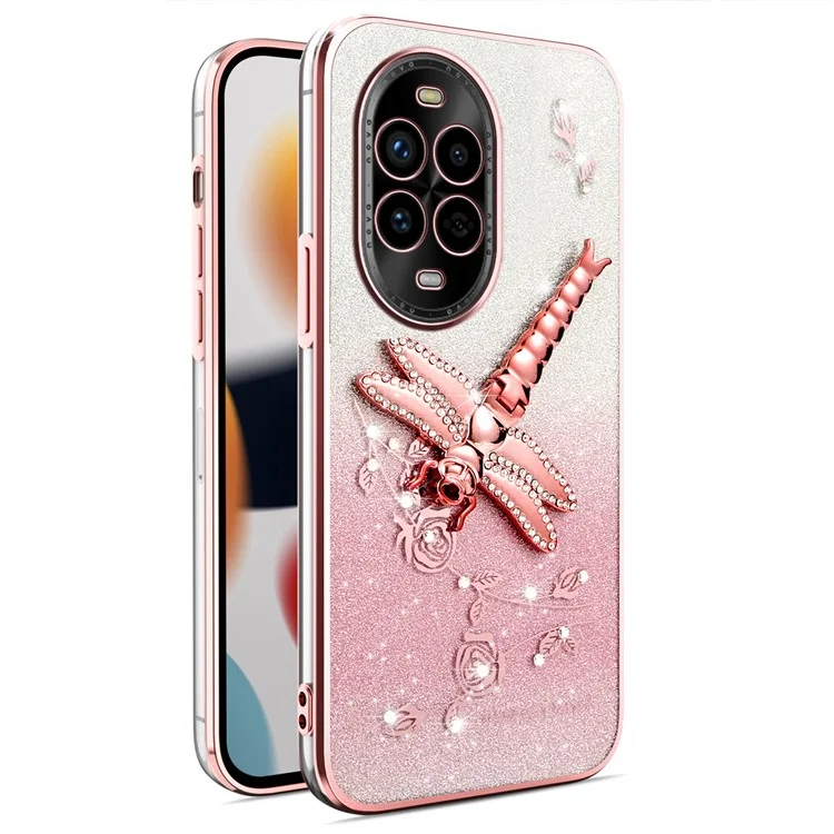 ЧЕХОЛ ДЛЯ HUAWEI NOVA 13 PRO KADEM С ДРАКОНОМ, ПОДСТАВКОЙ, ТПУ, ЦВЕТАМИ И БЛЕСТКАМИ - РОЗОВЫЙ