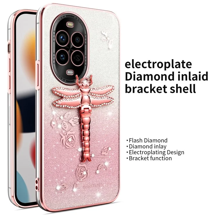 ЧЕХОЛ ДЛЯ HUAWEI NOVA 13 PRO KADEM С ДРАКОНОМ, ПОДСТАВКОЙ, ТПУ, ЦВЕТАМИ И БЛЕСТКАМИ - РОЗОВЫЙ