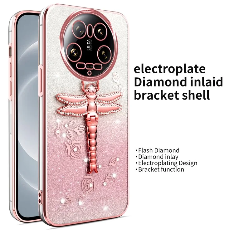 Funda para Xiaomi 14 Ultra de KADEM, diseño de libélula con soporte, TPU, flores y purpurina - Rosa