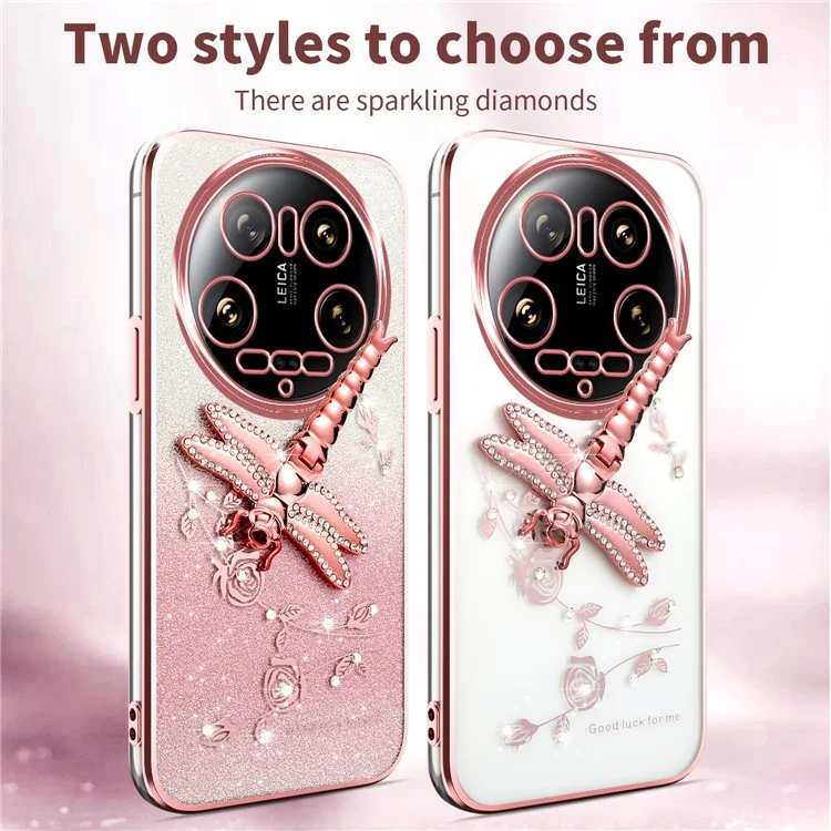 Funda para Xiaomi 14 Ultra de KADEM, diseño de libélula con soporte, TPU, flores y purpurina - Rosa