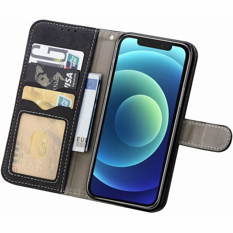 Retro Texture Cell Phone Case for iPhone 12 / 12 Pro 6.1 inch, Anti-scratch PU Leather Rotating Card Slots Holder Stand Wallet Cover - Black