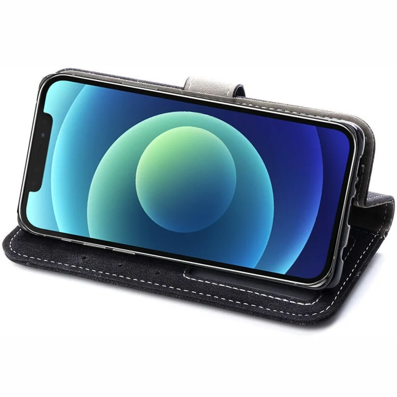 Retro Texture Cell Phone Case for iPhone 12 / 12 Pro 6.1 inch, Anti-scratch PU Leather Rotating Card Slots Holder Stand Wallet Cover - Black