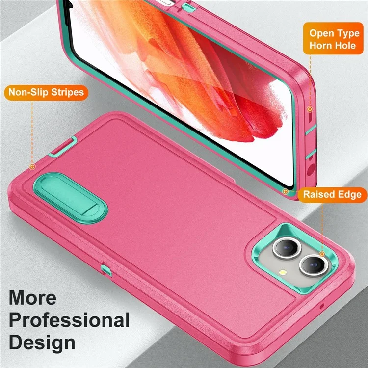 For Samsung Galaxy A06 4G Case Kickstand Phone Cover PC+Silicone+EVA 3-in-1 Design - Rose+Light Cyan