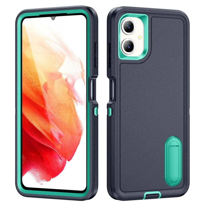 For Samsung Galaxy A06 4G Case Kickstand Phone Cover PC+Silicone+EVA 3-in-1 Design - Dark Blue+Light Cyan