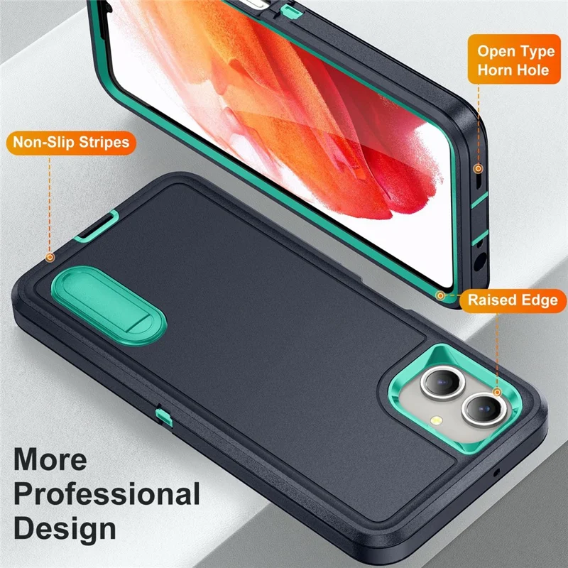For Samsung Galaxy A06 4G Case Kickstand Phone Cover PC+Silicone+EVA 3-in-1 Design - Dark Blue+Light Cyan