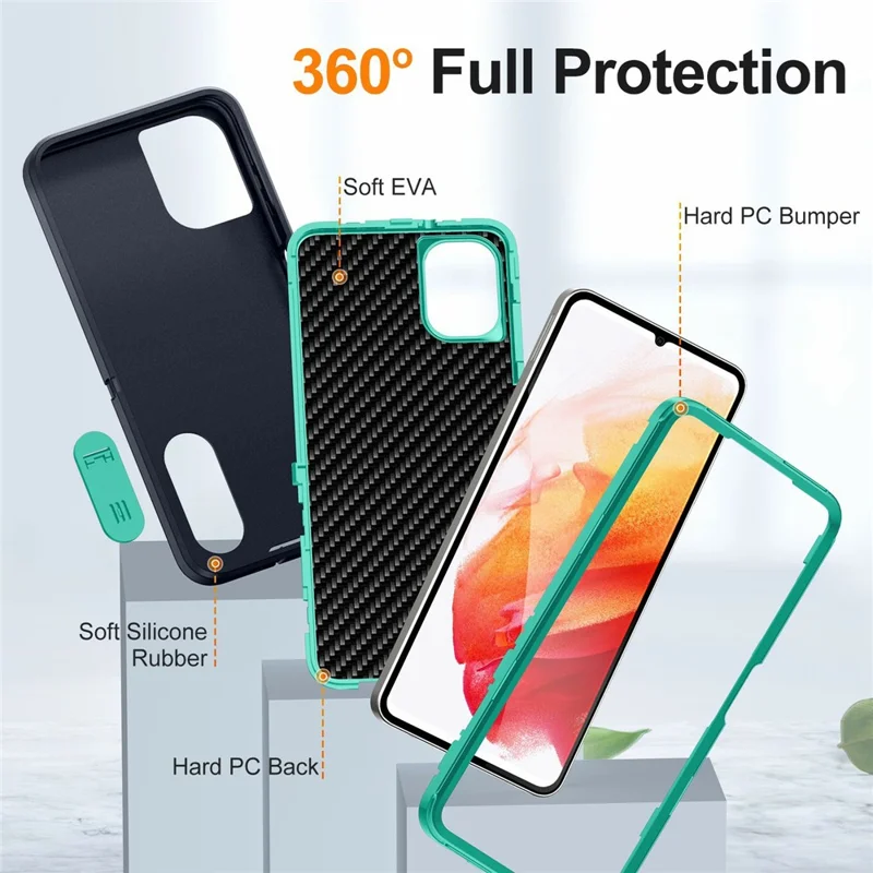 For Samsung Galaxy A06 4G Case Kickstand Phone Cover PC+Silicone+EVA 3-in-1 Design - Dark Blue+Light Cyan