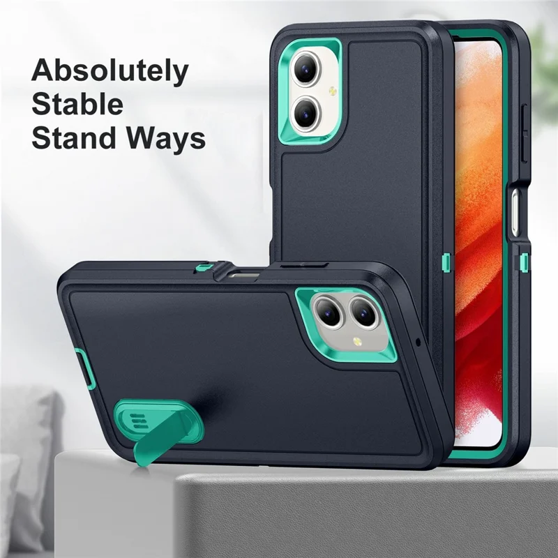 For Samsung Galaxy A06 4G Case Kickstand Phone Cover PC+Silicone+EVA 3-in-1 Design - Dark Blue+Light Cyan