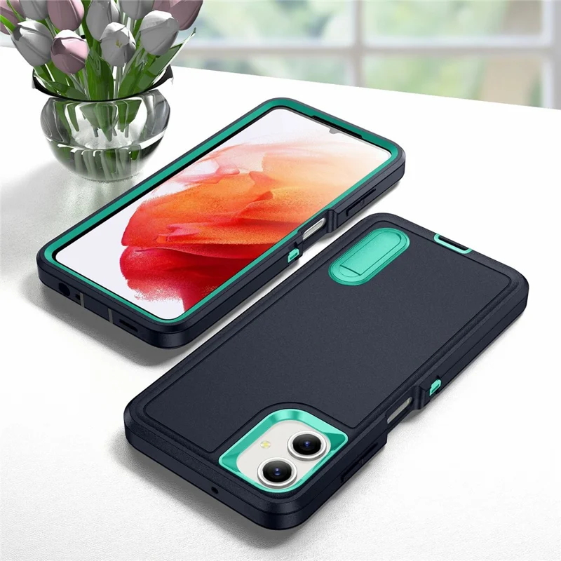 For Samsung Galaxy A06 4G Case Kickstand Phone Cover PC+Silicone+EVA 3-in-1 Design - Dark Blue+Light Cyan