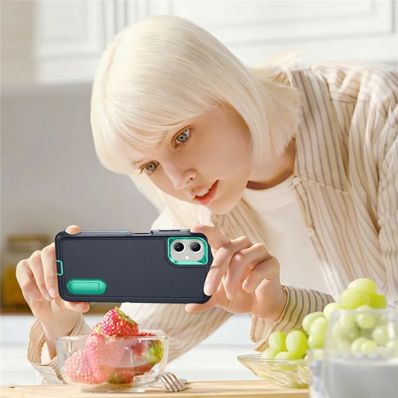 For Samsung Galaxy A06 4G Case Kickstand Phone Cover PC+Silicone+EVA 3-in-1 Design - Dark Blue+Light Cyan