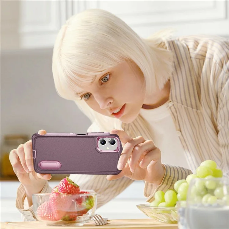 For Samsung Galaxy A06 4G Case Kickstand Phone Cover PC+Silicone+EVA 3-in-1 Design - Purple+Pink