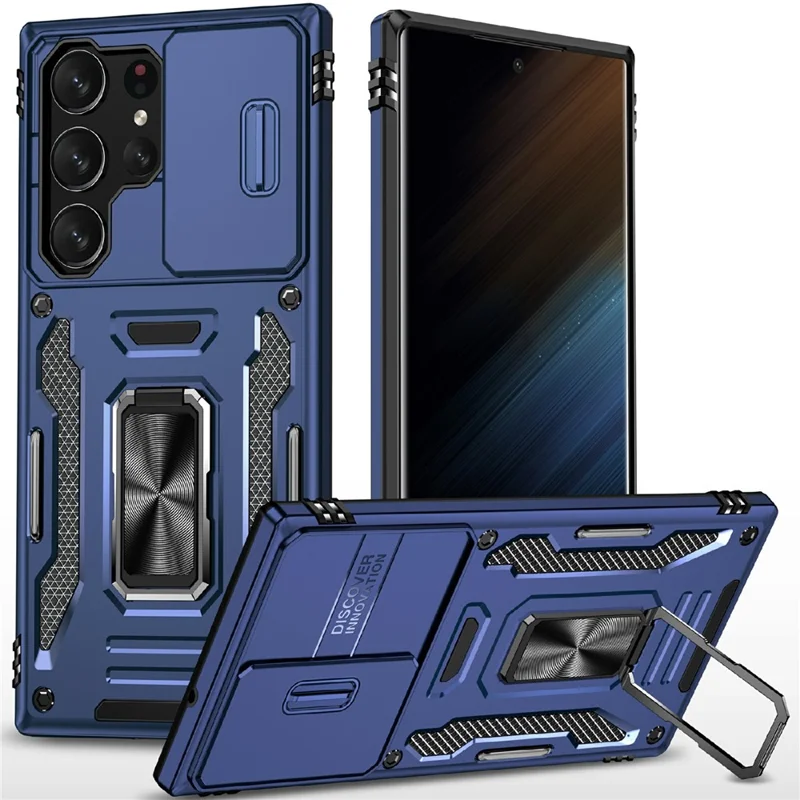 For Samsung Galaxy S25 Ultra Case Kickstand Slide Lens Lid PC+TPU Drop-Proof Phone Cover - Navy Blue