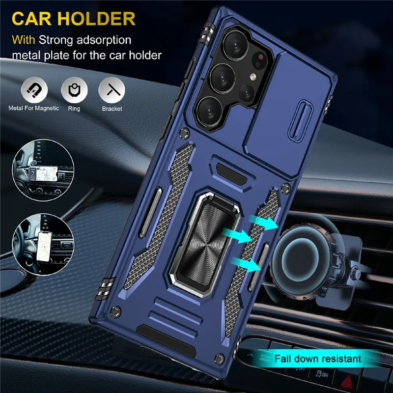 For Samsung Galaxy S25 Ultra Case Kickstand Slide Lens Lid PC+TPU Drop-Proof Phone Cover - Navy Blue