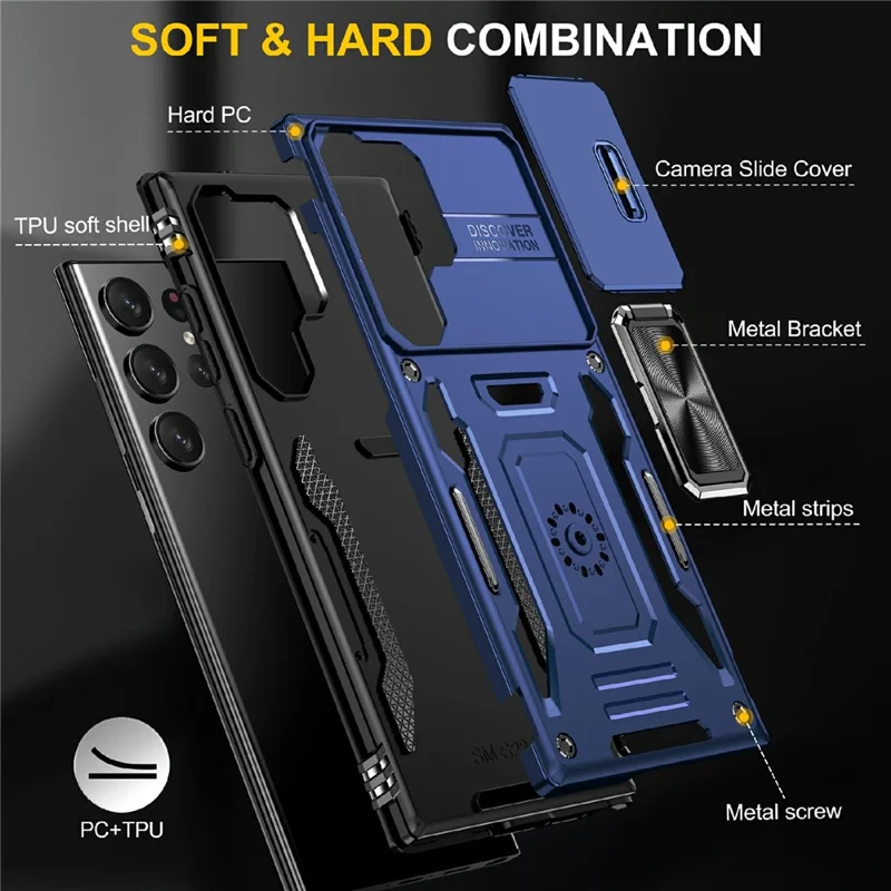 For Samsung Galaxy S25 Ultra Case Kickstand Slide Lens Lid PC+TPU Drop-Proof Phone Cover - Navy Blue