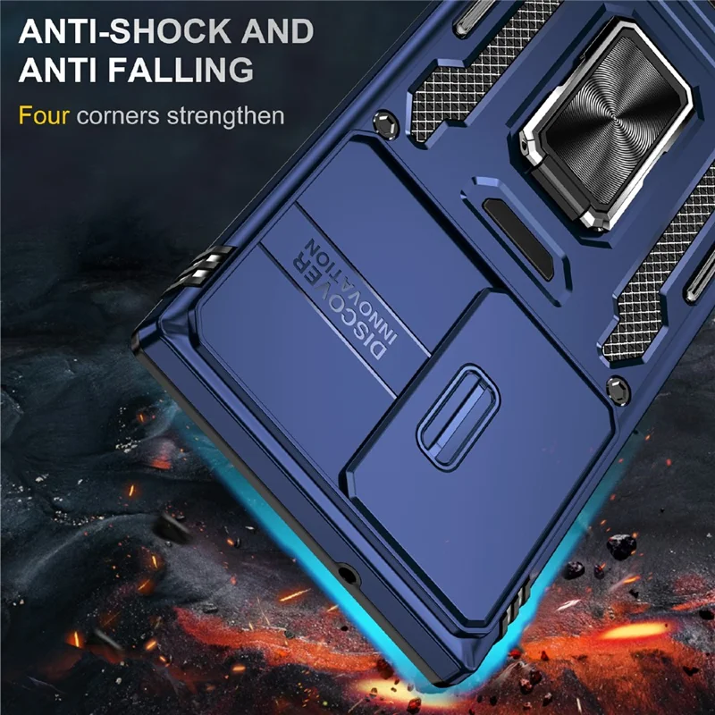 For Samsung Galaxy S25 Ultra Case Kickstand Slide Lens Lid PC+TPU Drop-Proof Phone Cover - Navy Blue