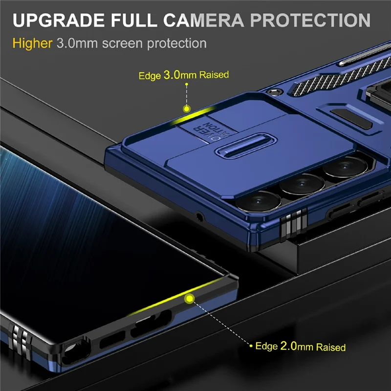 For Samsung Galaxy S25 Ultra Case Kickstand Slide Lens Lid PC+TPU Drop-Proof Phone Cover - Navy Blue