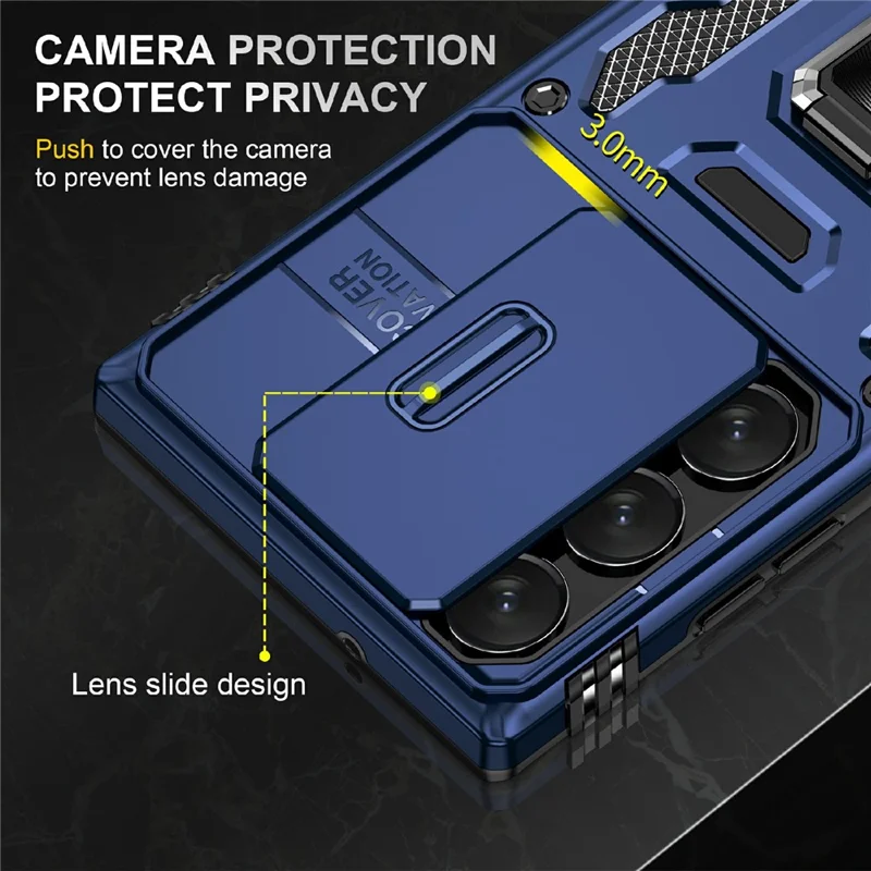 For Samsung Galaxy S25 Ultra Case Kickstand Slide Lens Lid PC+TPU Drop-Proof Phone Cover - Navy Blue