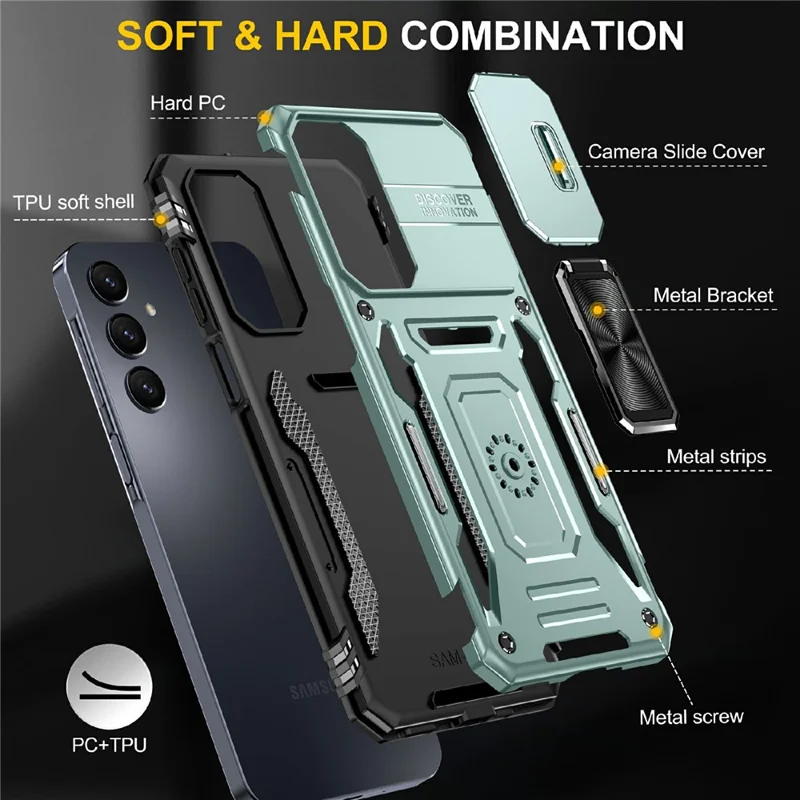 For Samsung Galaxy A16 4G / 5G Case Kickstand Slide Lens Lid PC+TPU Drop-Proof Phone Cover - Green