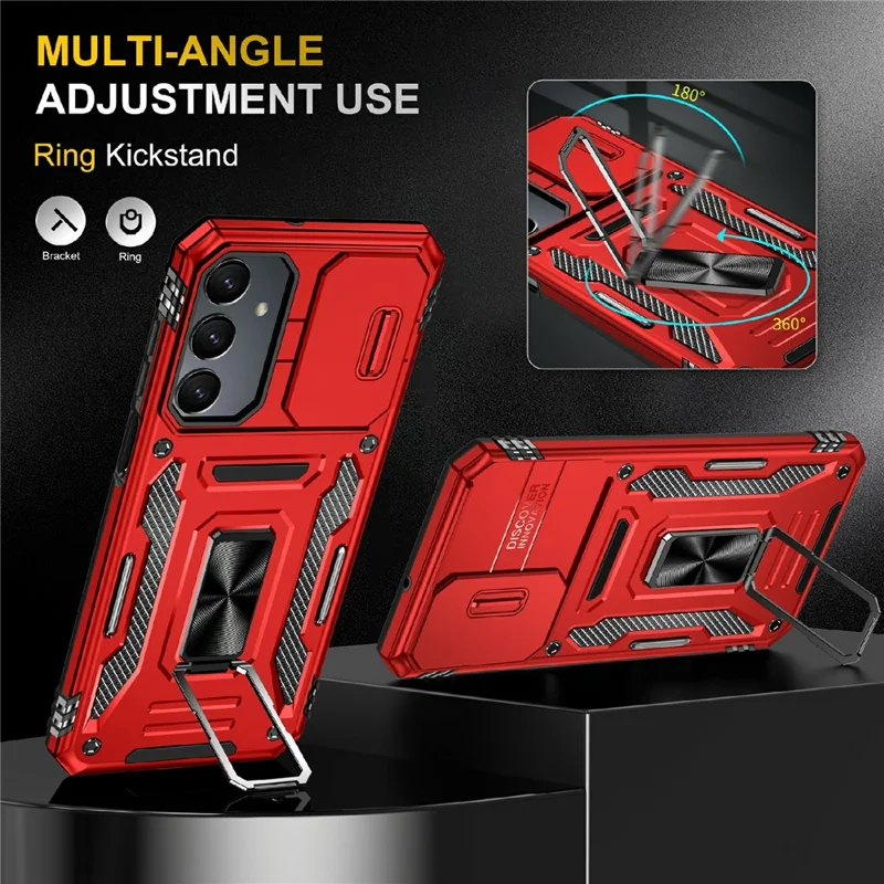 For Samsung Galaxy A16 4G / 5G Case Kickstand Slide Lens Lid PC+TPU Drop-Proof Phone Cover - Red