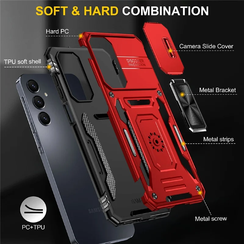For Samsung Galaxy A16 4G / 5G Case Kickstand Slide Lens Lid PC+TPU Drop-Proof Phone Cover - Red