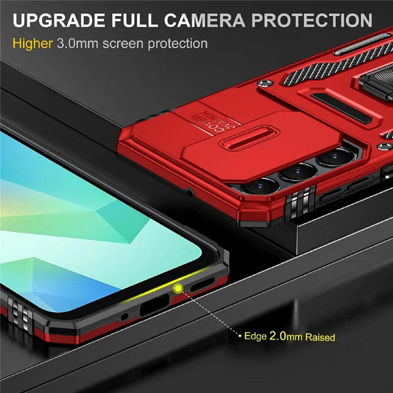 For Samsung Galaxy A16 4G / 5G Case Kickstand Slide Lens Lid PC+TPU Drop-Proof Phone Cover - Red