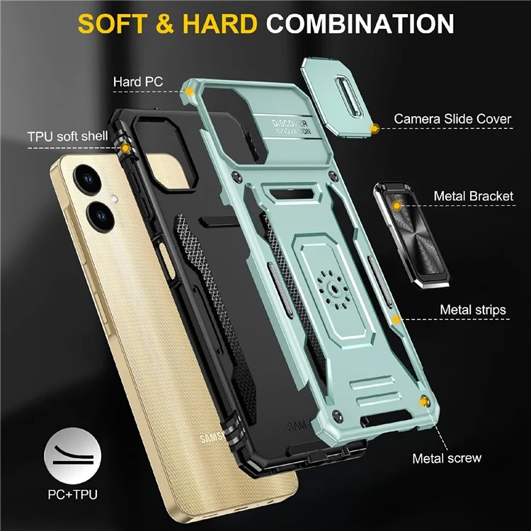 Coque de protection pour Samsung Galaxy A06 avec support, couvercle coulissant pour objectif, en PC+TPU, résistante aux chutes - Vert