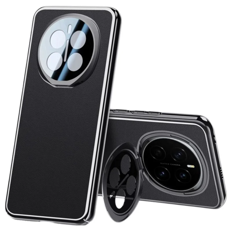 For Honor Magic7 5G Case with Lens Guard Kickstand Anti Drop TPU+PU Phone Back Cover - Black