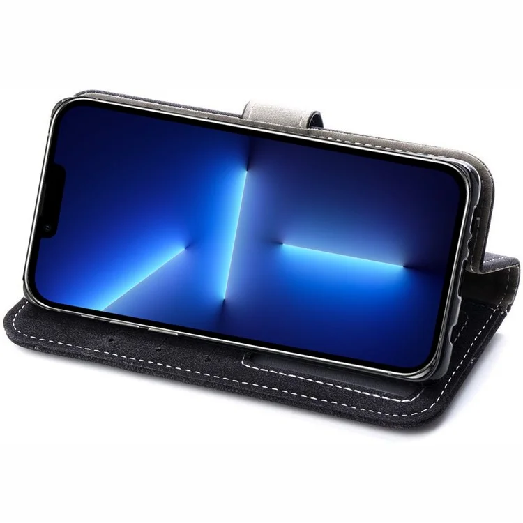 Per Iphone 13 Pro Max 6,7 Pollici PU Peth Peth Custodia a Rotazione Incorporata Porta a Rotazione Incorporata Con Telaio Retrò Resistente All'usura Shelt Shell - Nero