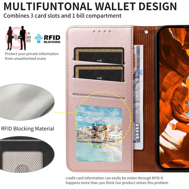 For Google Pixel 9 /  9 Pro Case RFID Blocking Leather Wallet Flip Phone Cover with Wrist Strap - Rose Gold