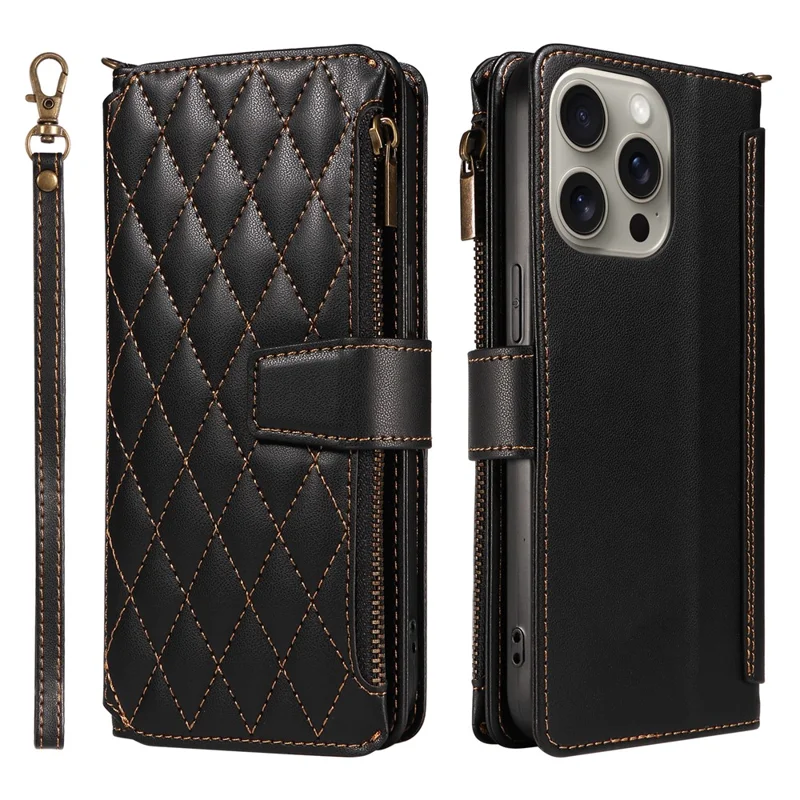 For iPhone 16 Pro Max Leather Case with Card Holder, RFID Blocking Wallet Phone Cover Rhombus Pattern - Black