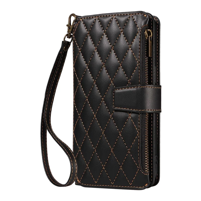For iPhone 16 Pro Max Leather Case with Card Holder, RFID Blocking Wallet Phone Cover Rhombus Pattern - Black