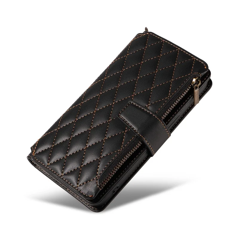 For iPhone 16 Pro Max Leather Case with Card Holder, RFID Blocking Wallet Phone Cover Rhombus Pattern - Black