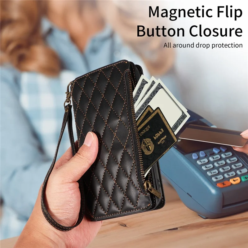 For iPhone 16 Pro Max Leather Case with Card Holder, RFID Blocking Wallet Phone Cover Rhombus Pattern - Black