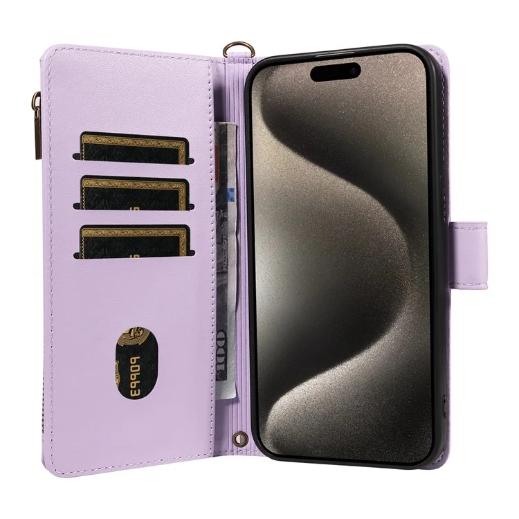 For iPhone 15 Pro Leather Case with Card Holder, RFID Blocking Wallet Phone Cover Rhombus Pattern - Purple