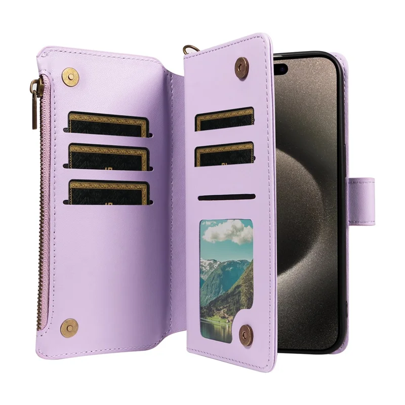 For iPhone 15 Pro Leather Case with Card Holder, RFID Blocking Wallet Phone Cover Rhombus Pattern - Purple