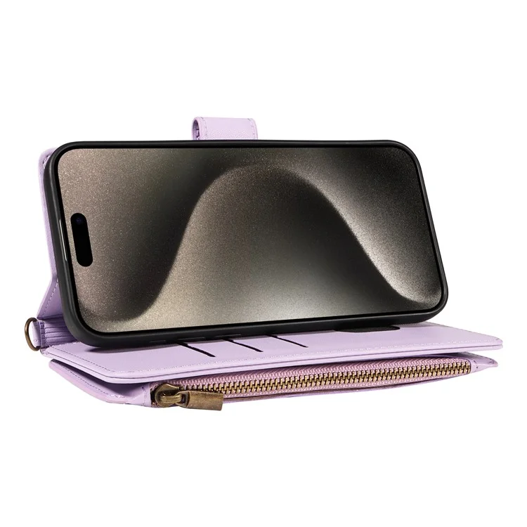 For iPhone 15 Pro Leather Case with Card Holder, RFID Blocking Wallet Phone Cover Rhombus Pattern - Purple