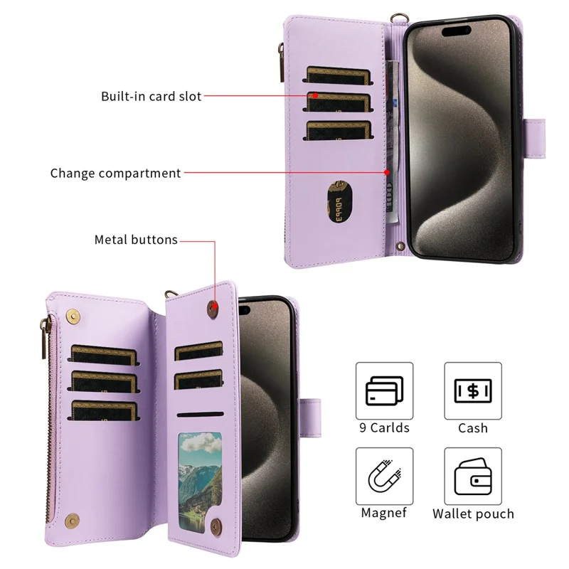 For iPhone 15 Pro Leather Case with Card Holder, RFID Blocking Wallet Phone Cover Rhombus Pattern - Purple