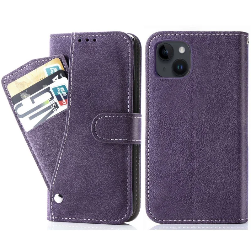 Retro PU Leather Phone Case for iPhone 14, Rotating Card Slots Holder Stand Wallet Phone Cover - Purple