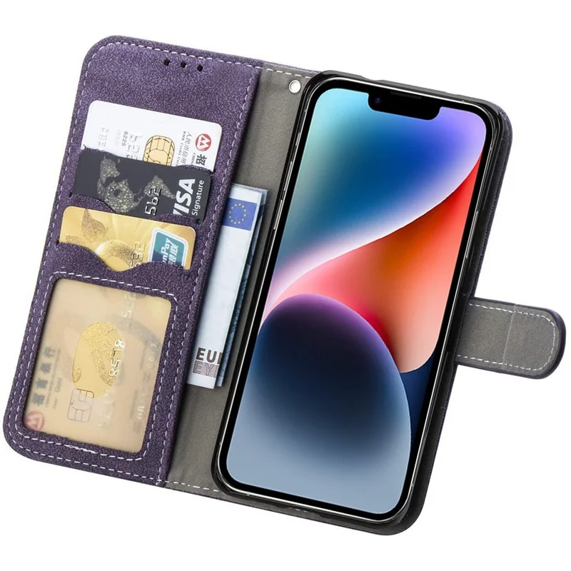 Retro PU Leather Phone Case for iPhone 14, Rotating Card Slots Holder Stand Wallet Phone Cover - Purple