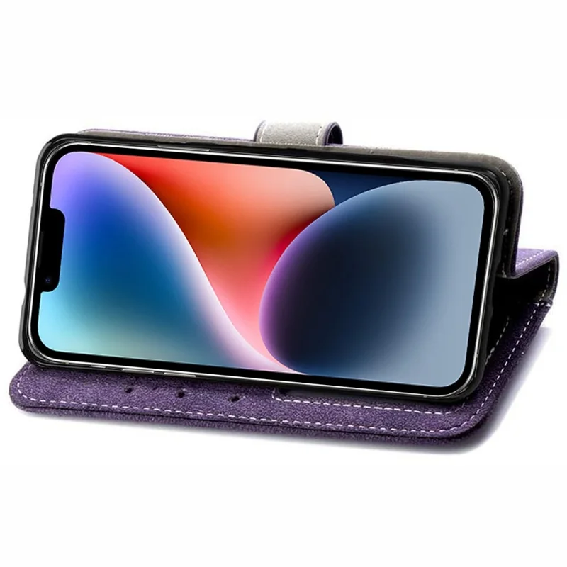 Retro PU Leather Phone Case for iPhone 14, Rotating Card Slots Holder Stand Wallet Phone Cover - Purple